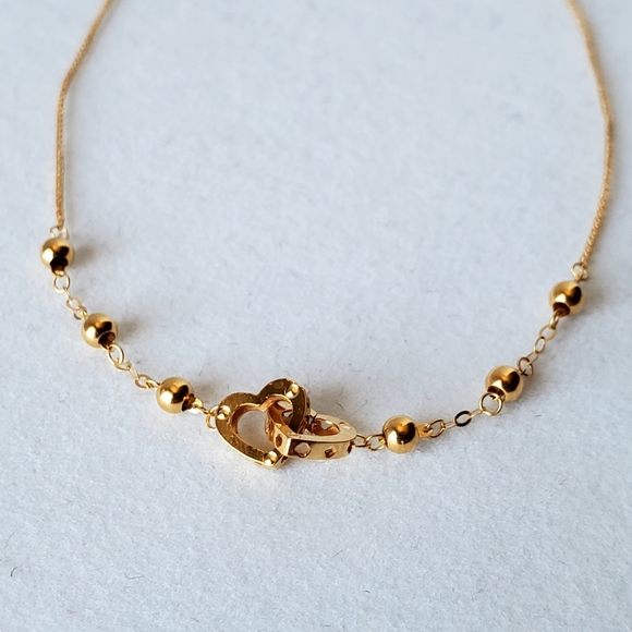 Authentic Real 18k Solid Yellow Gold Double Heart Beaded Bracelet - Picture 4 of 10
